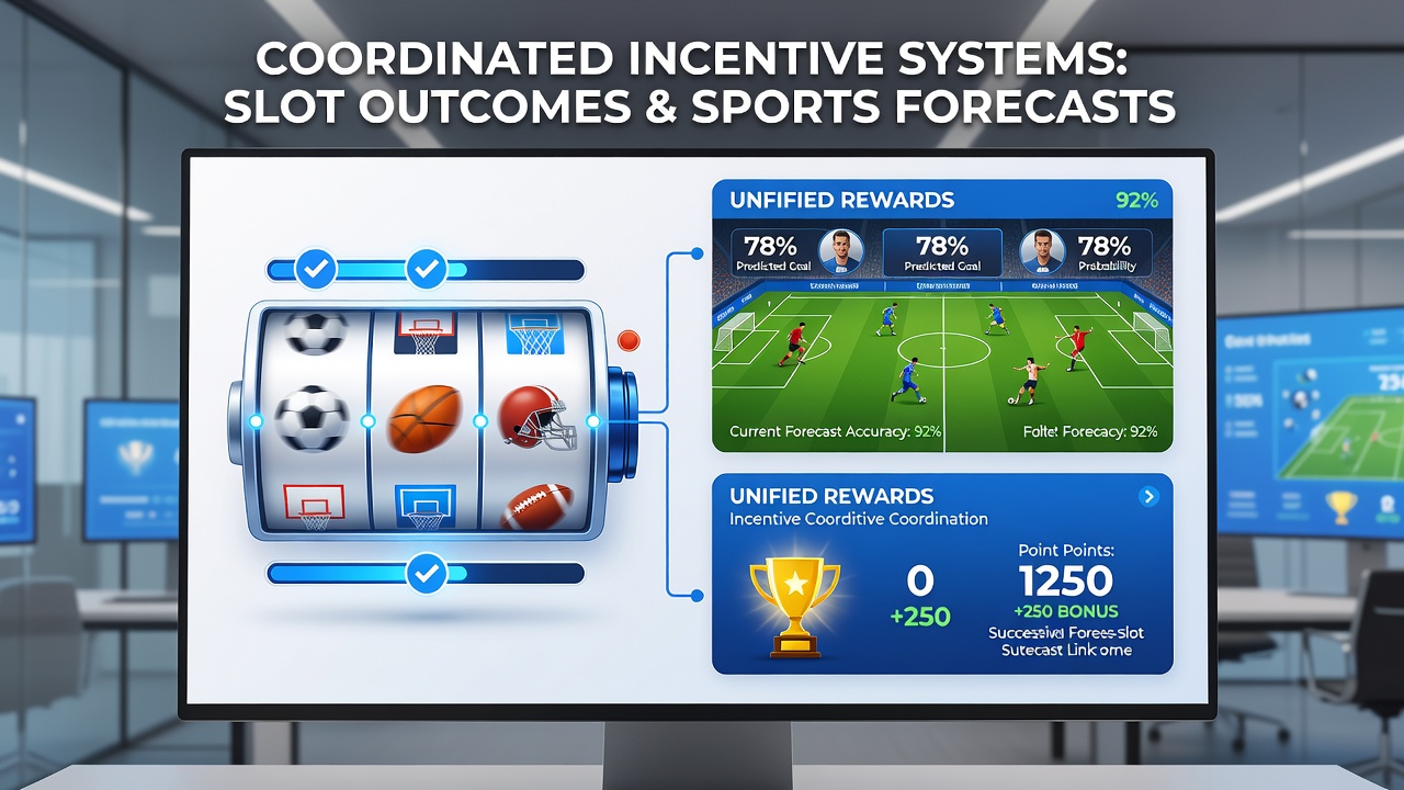 Unified mobile application interface showing integrated slot machine reels alongside sports forecasting dashboard with accuracy metrics and incentive progress indicators