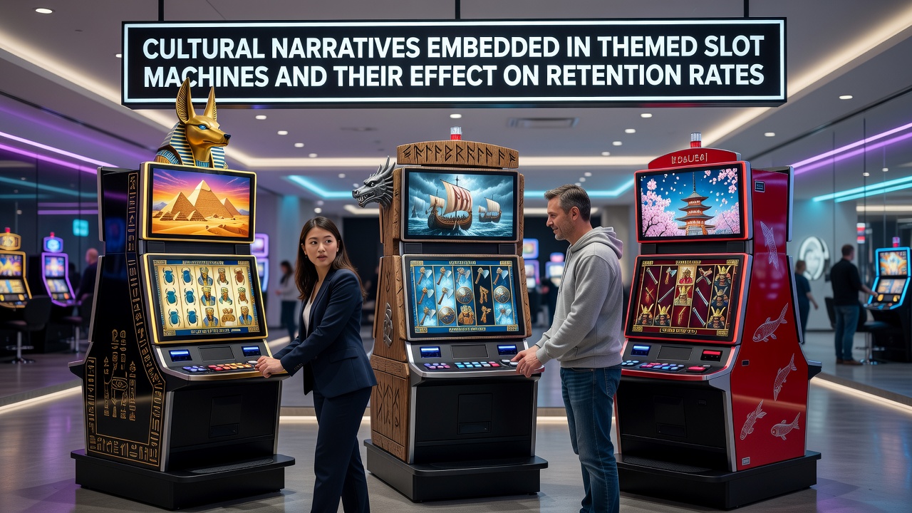 Themed slot machine reels displaying ancient mythology symbols alongside modern digital interfaces in a casino setting