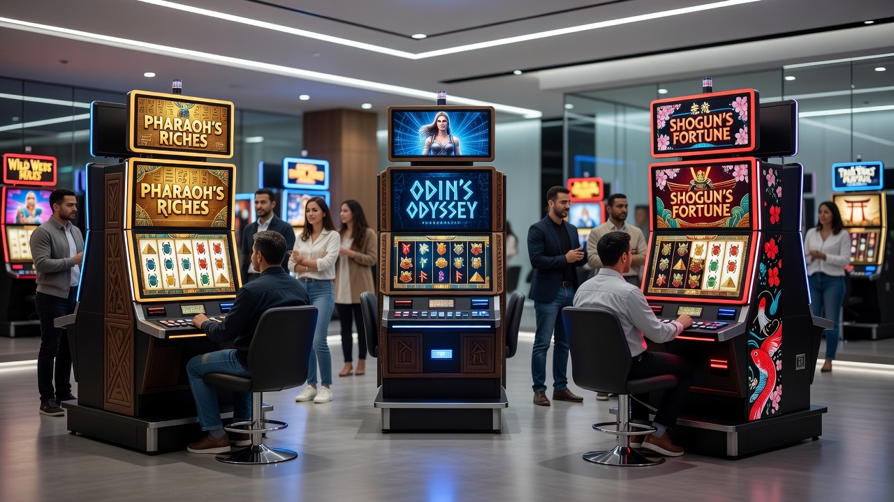 Diverse group of players engaging with culturally themed slot machines in a modern casino environment