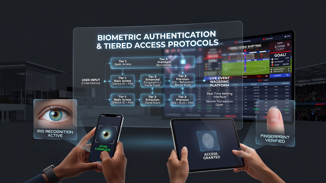 User switching between tablet and smartphone while accessing live event wagering tiers secured by biometrics