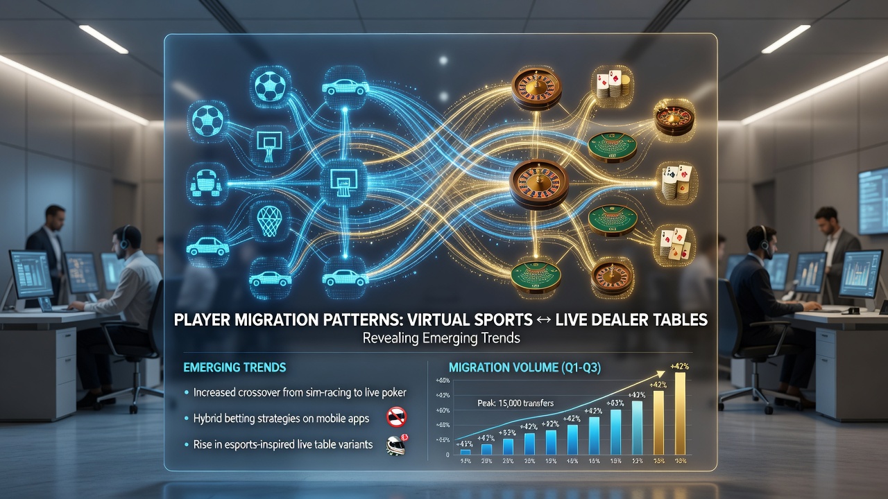 Data visualization showing migration flows and loyalty point transfers between virtual sports and live dealer environments