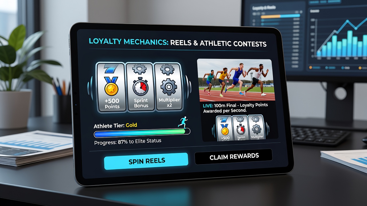 Split-screen view of loyalty dashboard with virtual reel history linked to athletic contest rewards in a mobile app