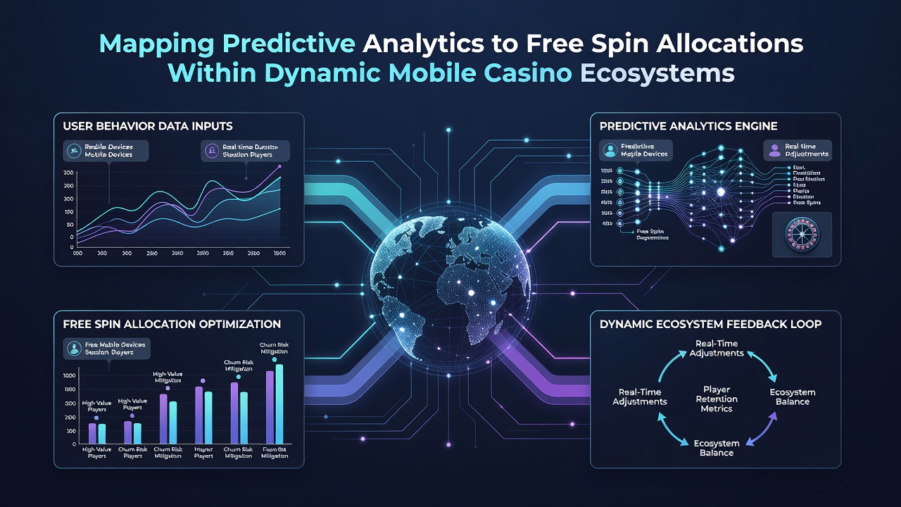 Analytics team reviewing free spin allocation maps and player segmentation charts on large screens in a modern casino operations center