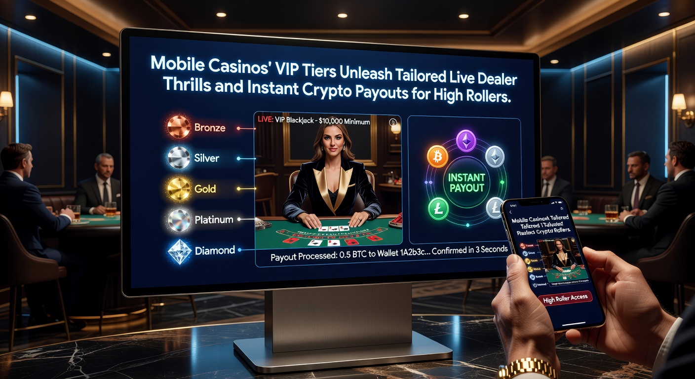 High roller at a mobile casino VIP live dealer table with crypto wallet interface glowing on screen