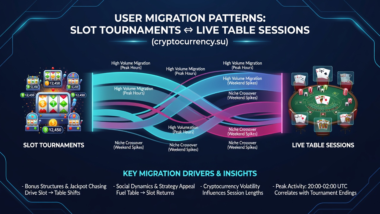 Analytics dashboard displaying user flow from slot tournaments to live tables with crypto transaction timestamps