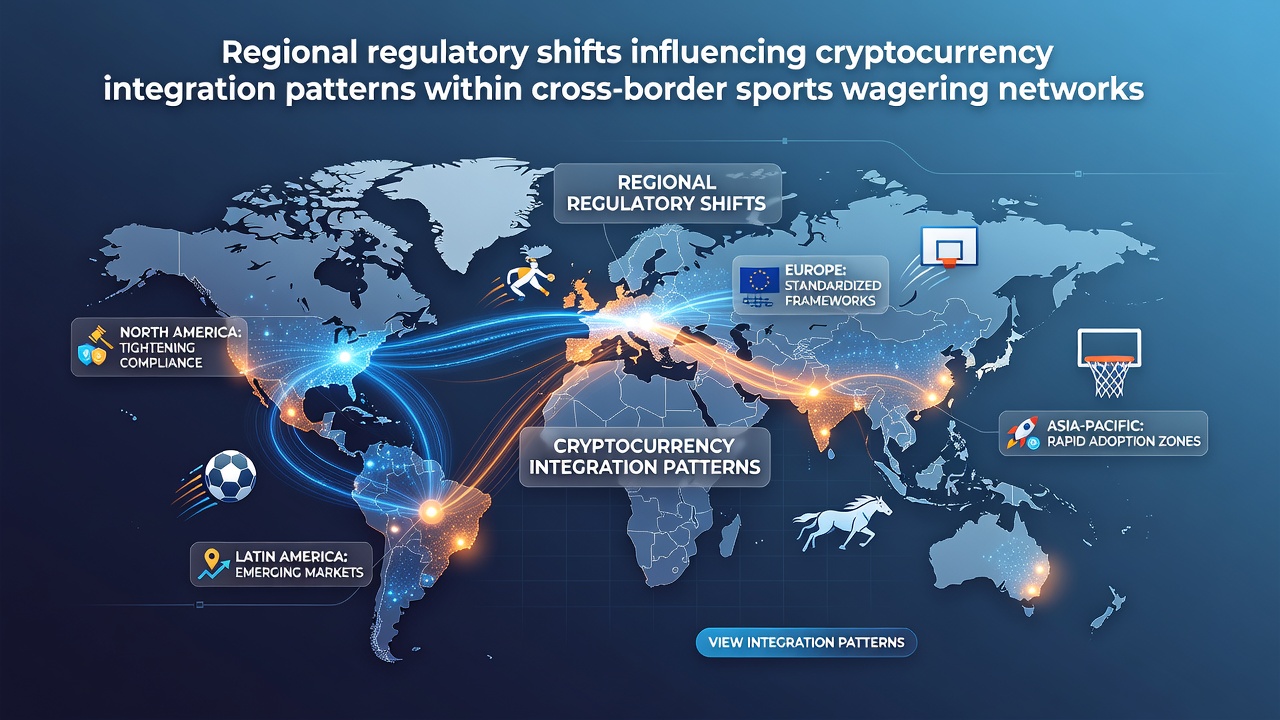 Regulatory documents and cryptocurrency symbols overlaying a global sports betting network map